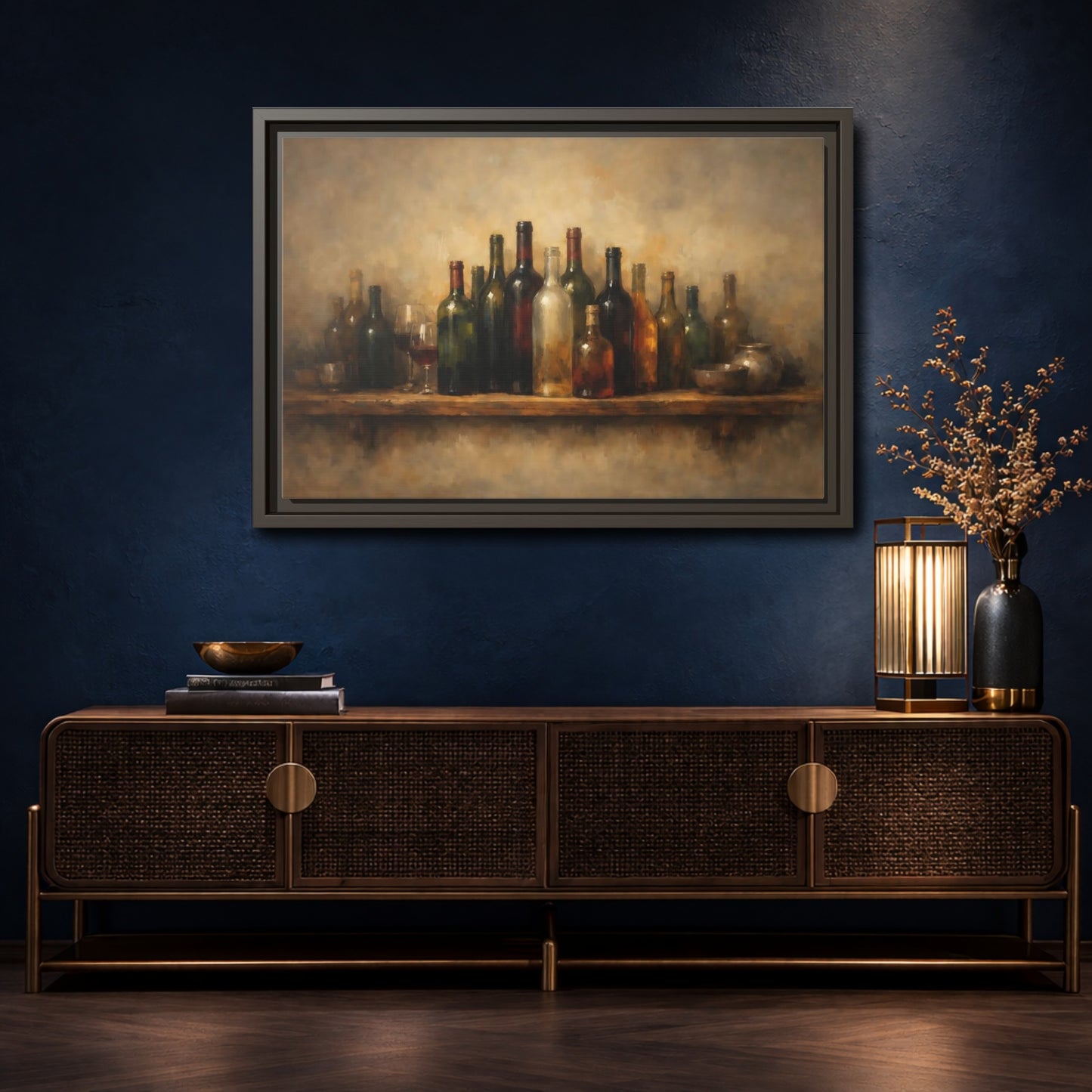 Mockup 4. Vintage Wine Bottles Rustic Bottles shown as stretched canvas wall art
