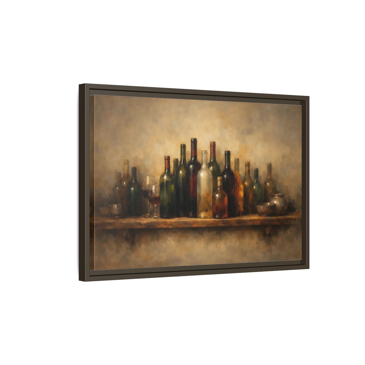 Side Mockup 2. Vintage Wine Bottles Rustic Bottles shown as stretched canvas wall art