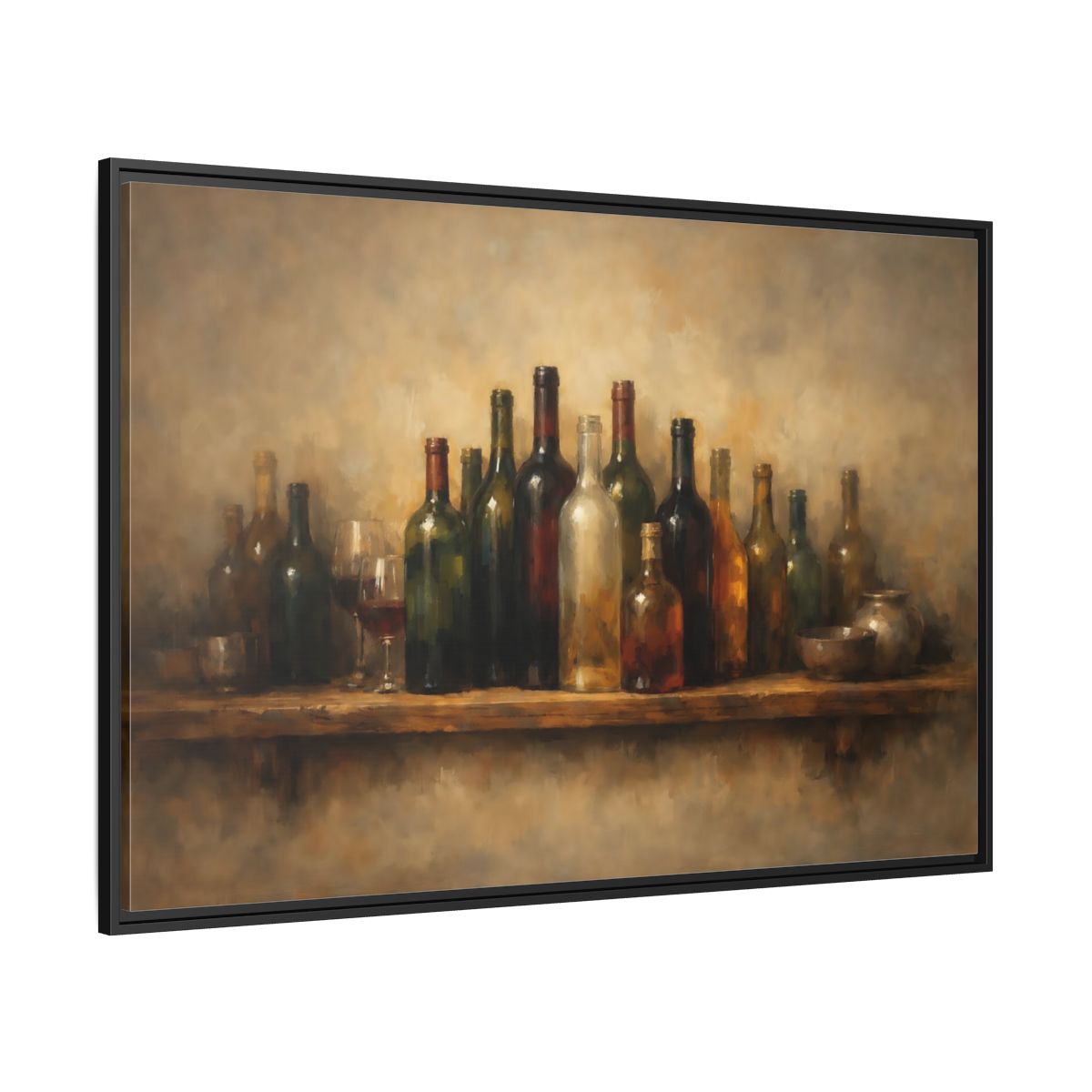 Side Mockup 12. Vintage Wine Bottles Rustic Bottles shown as stretched canvas wall art