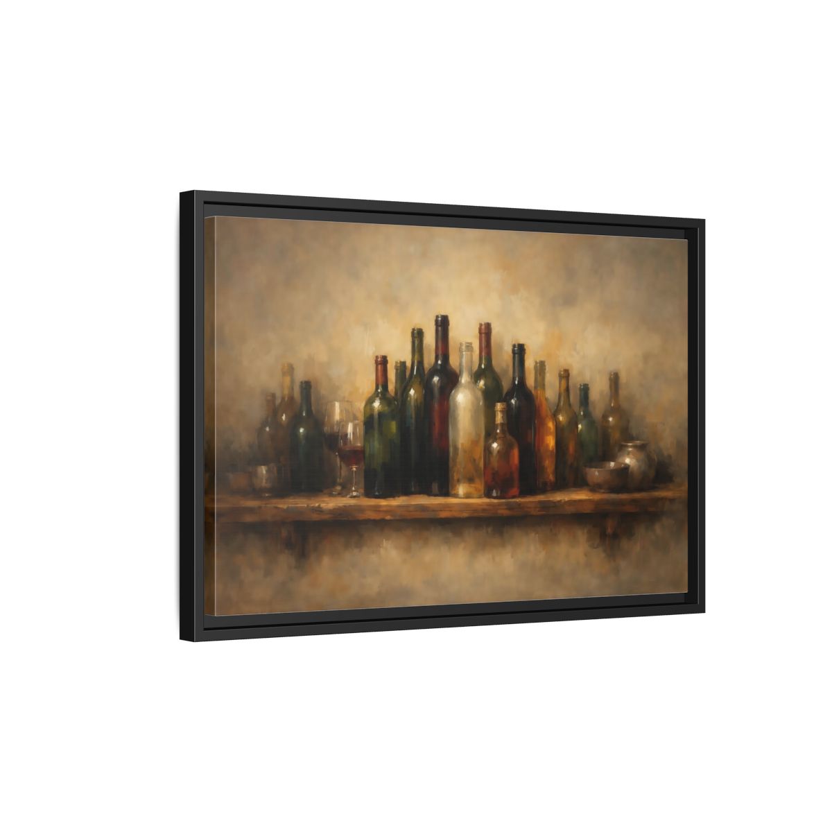Side Mockup 3. Vintage Wine Bottles Rustic Bottles shown as stretched canvas wall art