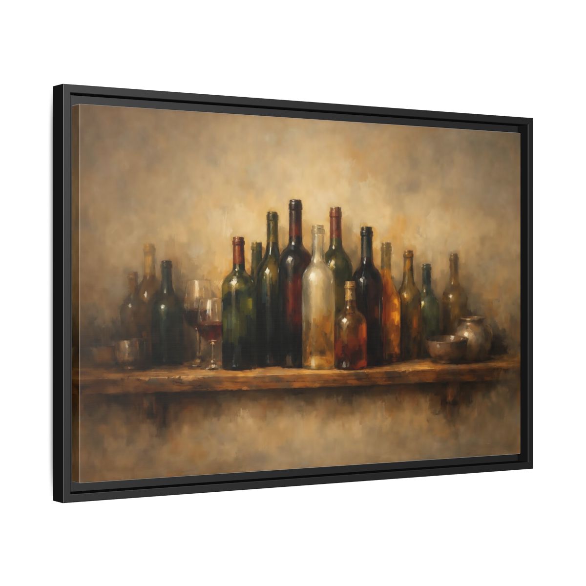 Side Mockup 14. Vintage Wine Bottles Rustic Bottles shown as stretched canvas wall art