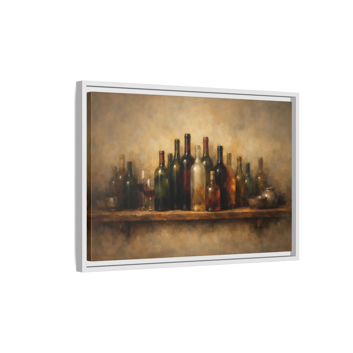 Side Mockup 1. Vintage Wine Bottles Rustic Bottles shown as stretched canvas wall art