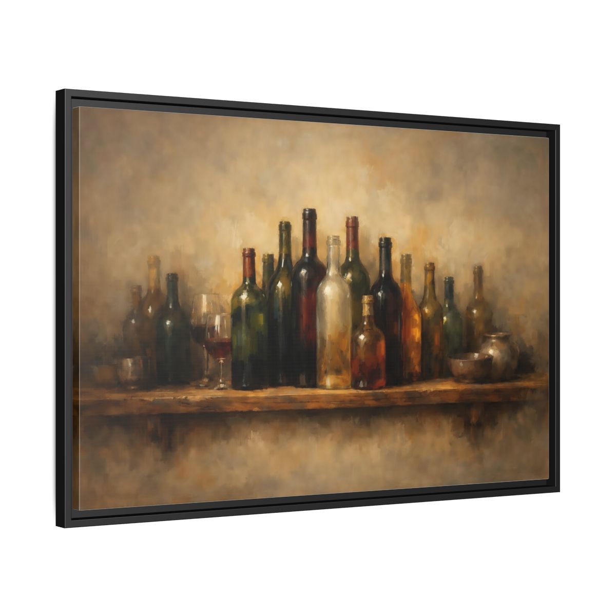 Side Mockup 13. Vintage Wine Bottles Rustic Bottles shown as stretched canvas wall art