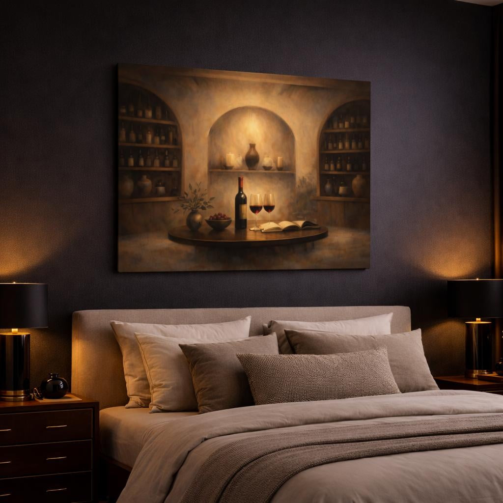 Vintage Wine Cellar Brown And Gold Wine shown as canvas wall art in a luxury bedroom