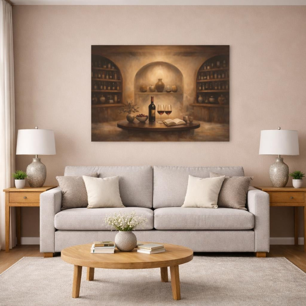 Vintage Wine Cellar Brown And Gold Wine shown as canvas wall art in a modern living room