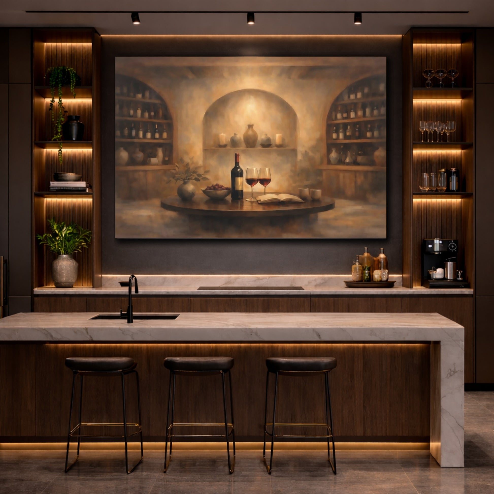 Vintage Wine Cellar Brown And Red Wine shown as front canvas room wall art