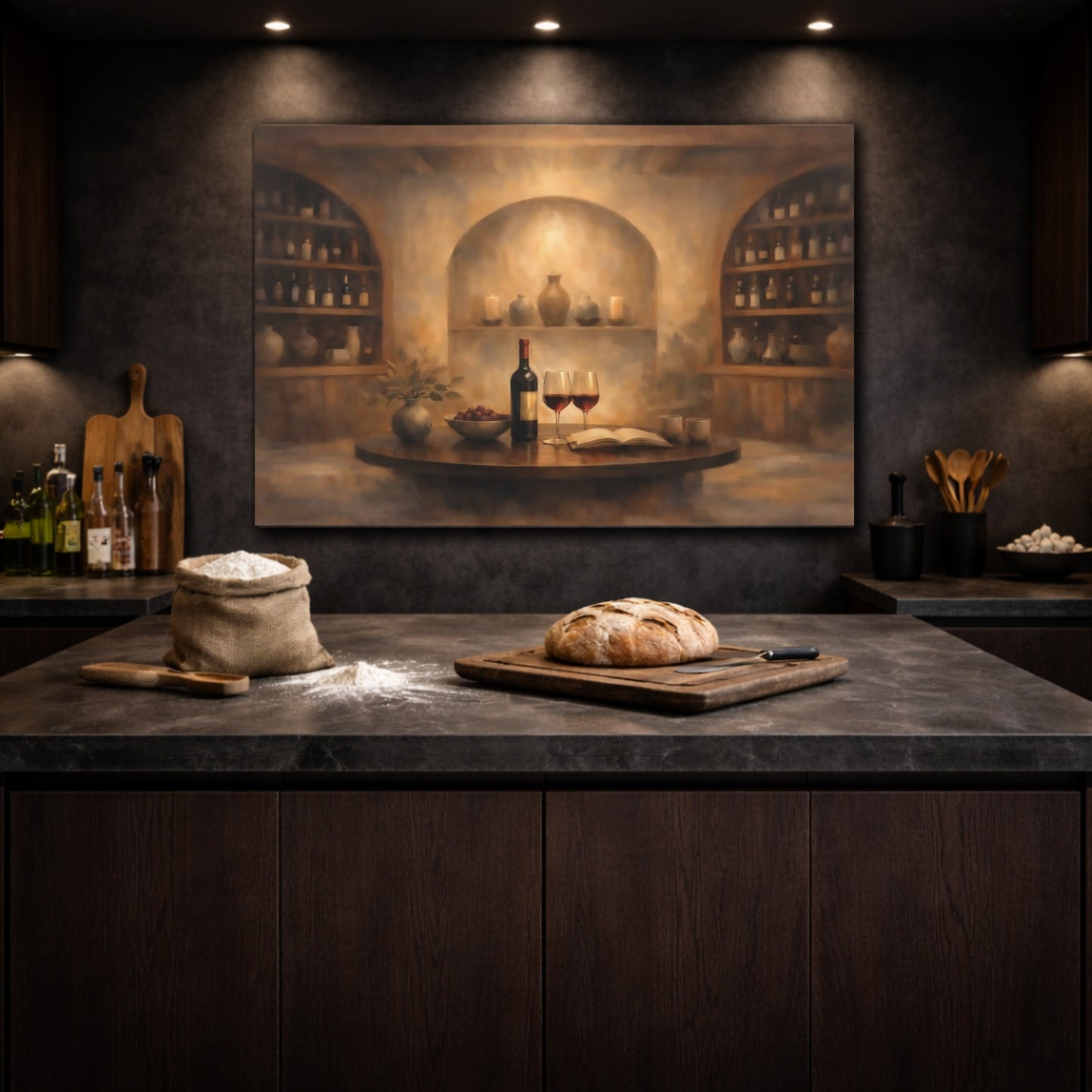 Vintage Wine Cellar Brown And Red Wine shown as front canvas room wall art