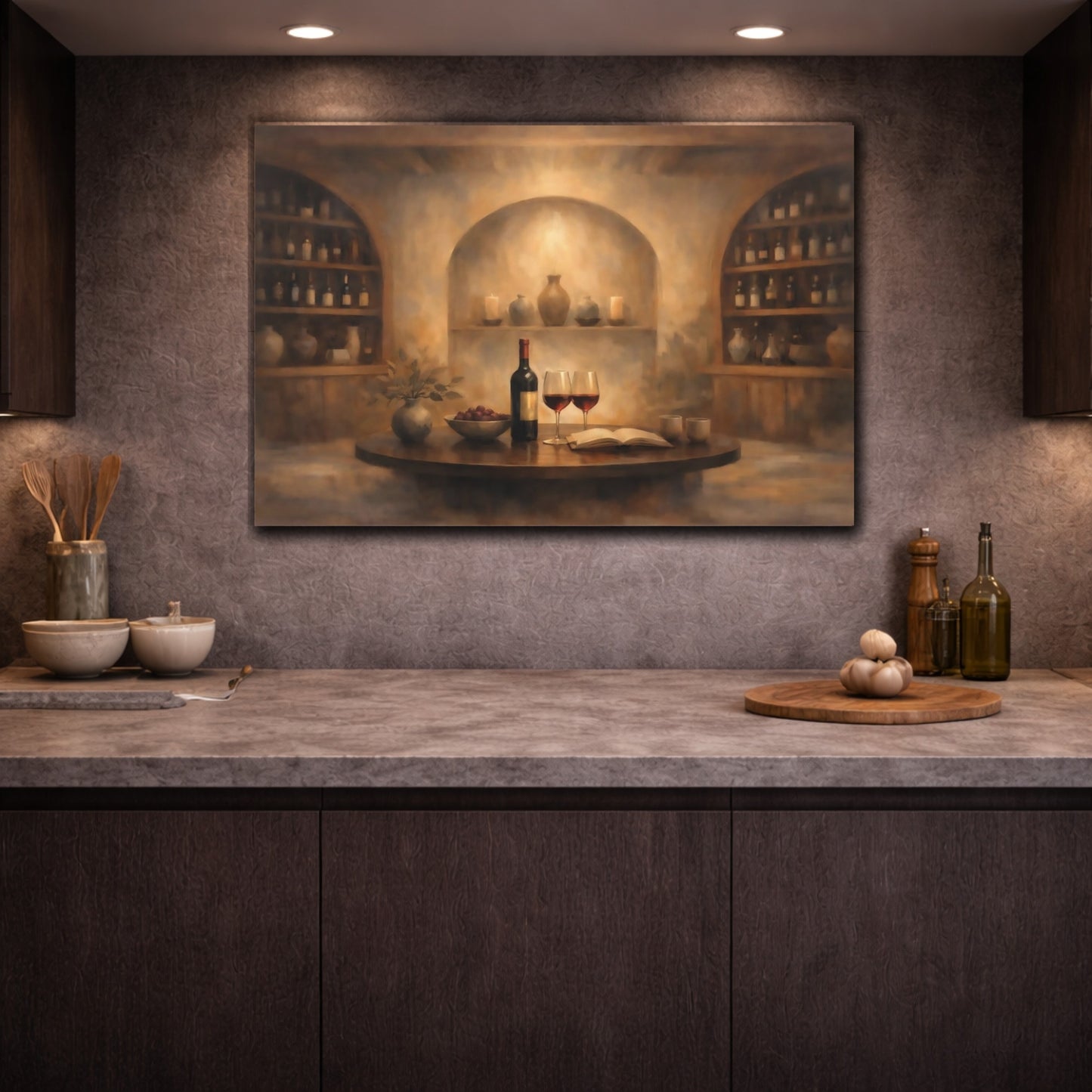 Vintage Wine Cellar Brown And Red Wine shown as front canvas room wall art