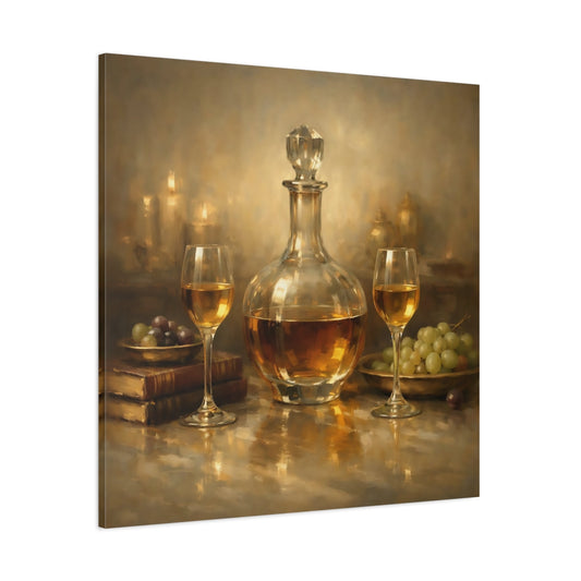 Main Mockup. Vintage Wine Decanter Gold Still Life shown as stretched canvas wall art