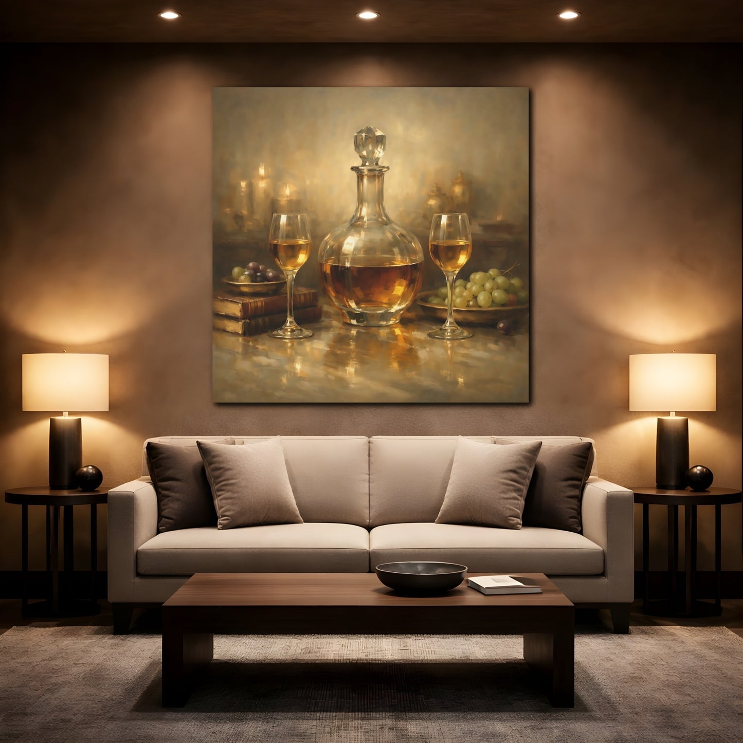 Mockup 2. Vintage Wine Decanter Gold Still Life shown as stretched canvas wall art