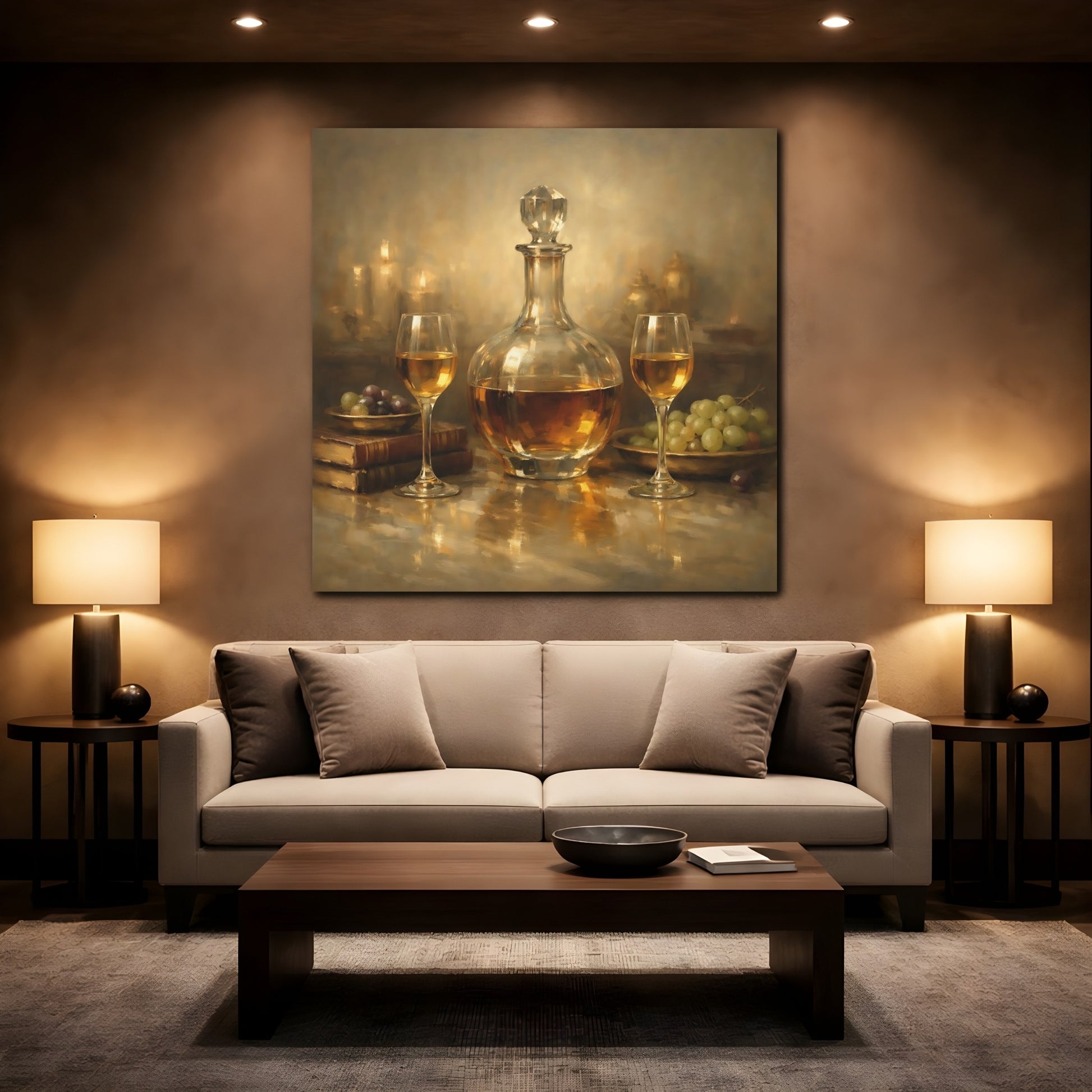 Mockup 2. Vintage Wine Decanter Gold Still Life shown as stretched canvas wall art