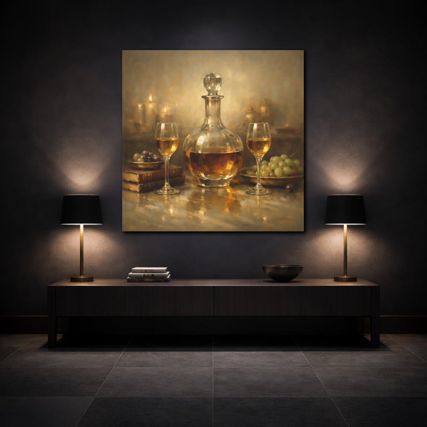 Mockup 3. Vintage Wine Decanter Gold Still Life shown as stretched canvas wall art
