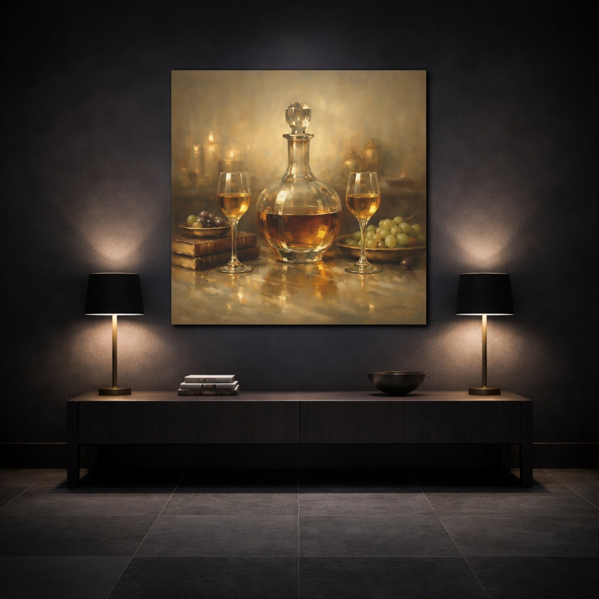 Mockup 3. Vintage Wine Decanter Gold Still Life shown as stretched canvas wall art