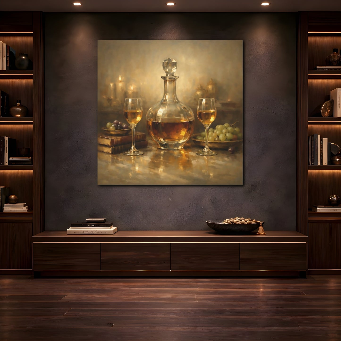 Mockup 4. Vintage Wine Decanter Gold Still Life shown as stretched canvas wall art