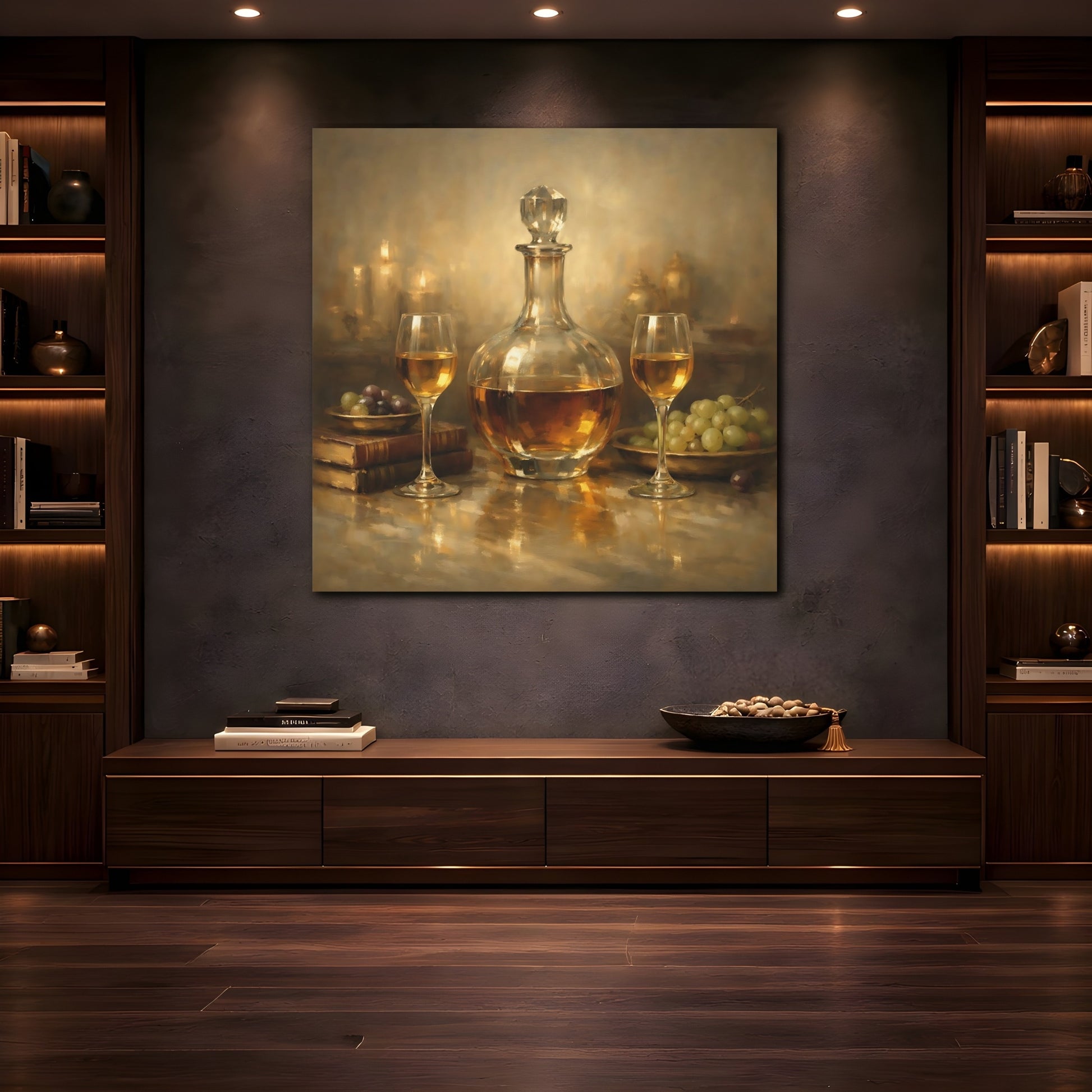 Mockup 4. Vintage Wine Decanter Gold Still Life shown as stretched canvas wall art