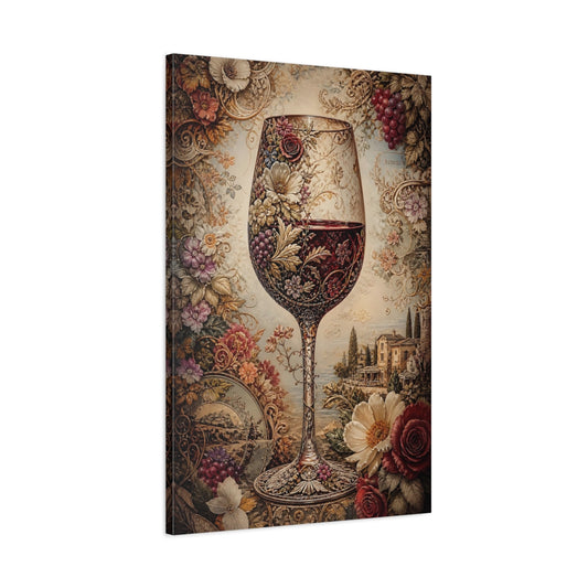 Main Mockup. Vintage Wine Glass Red And Gold shown as stretched canvas wall art