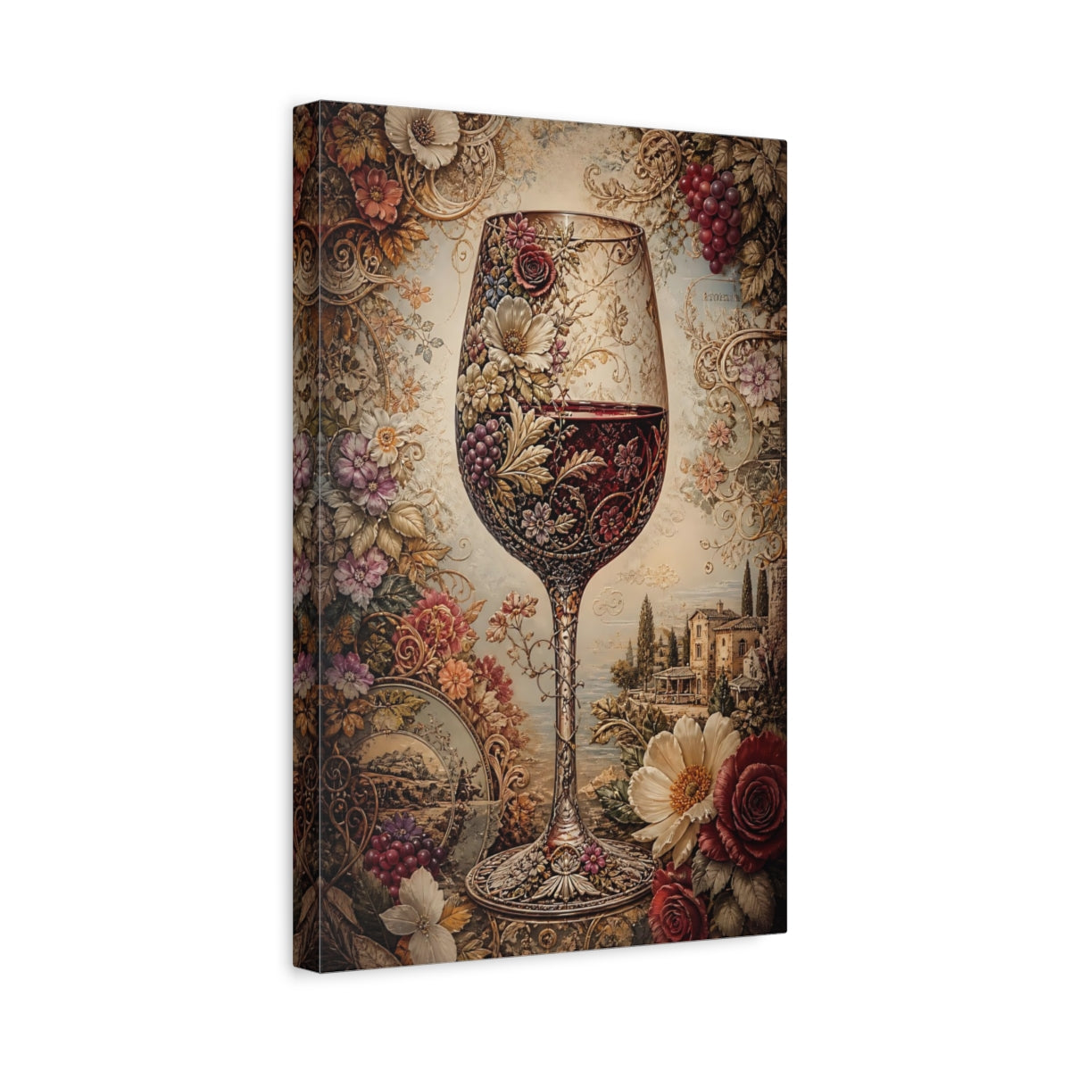 Side Mockup 4. Vintage Wine Glass Red And Gold shown as stretched canvas wall art