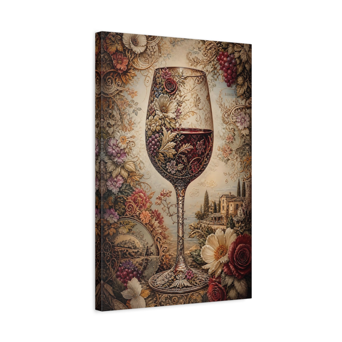 Side Mockup 3. Vintage Wine Glass Red And Gold shown as stretched canvas wall art