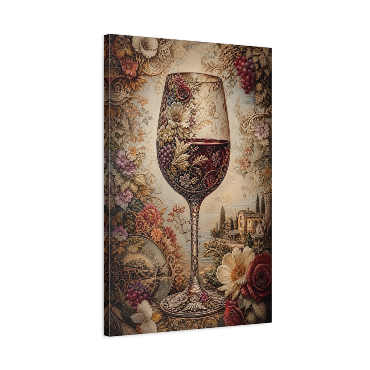 Side Mockup 2. Vintage Wine Glass Red And Gold shown as stretched canvas wall art