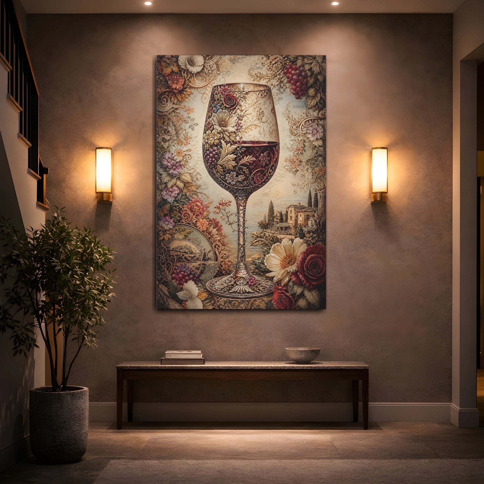 Mockup 2. Vintage Wine Glass Red And Gold shown as stretched canvas wall art