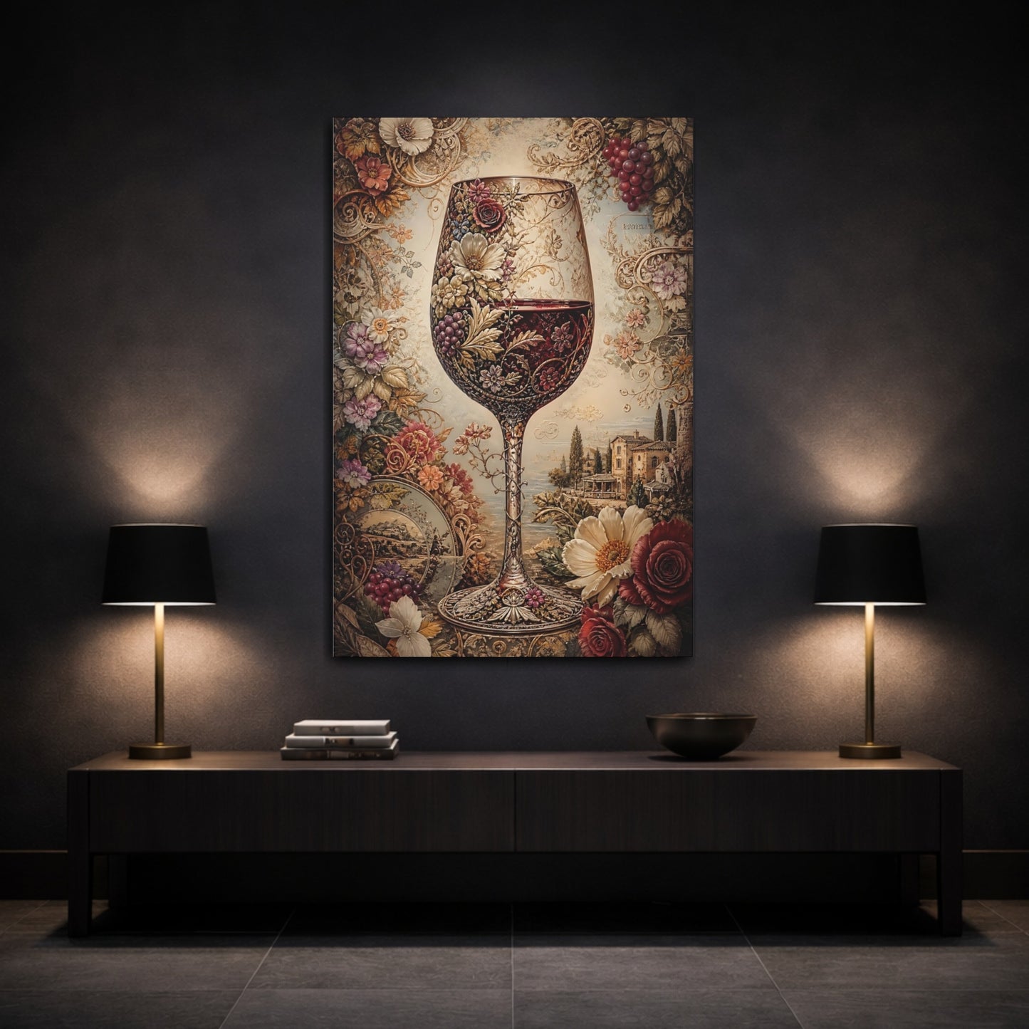 Mockup 3. Vintage Wine Glass Red And Gold shown as stretched canvas wall art