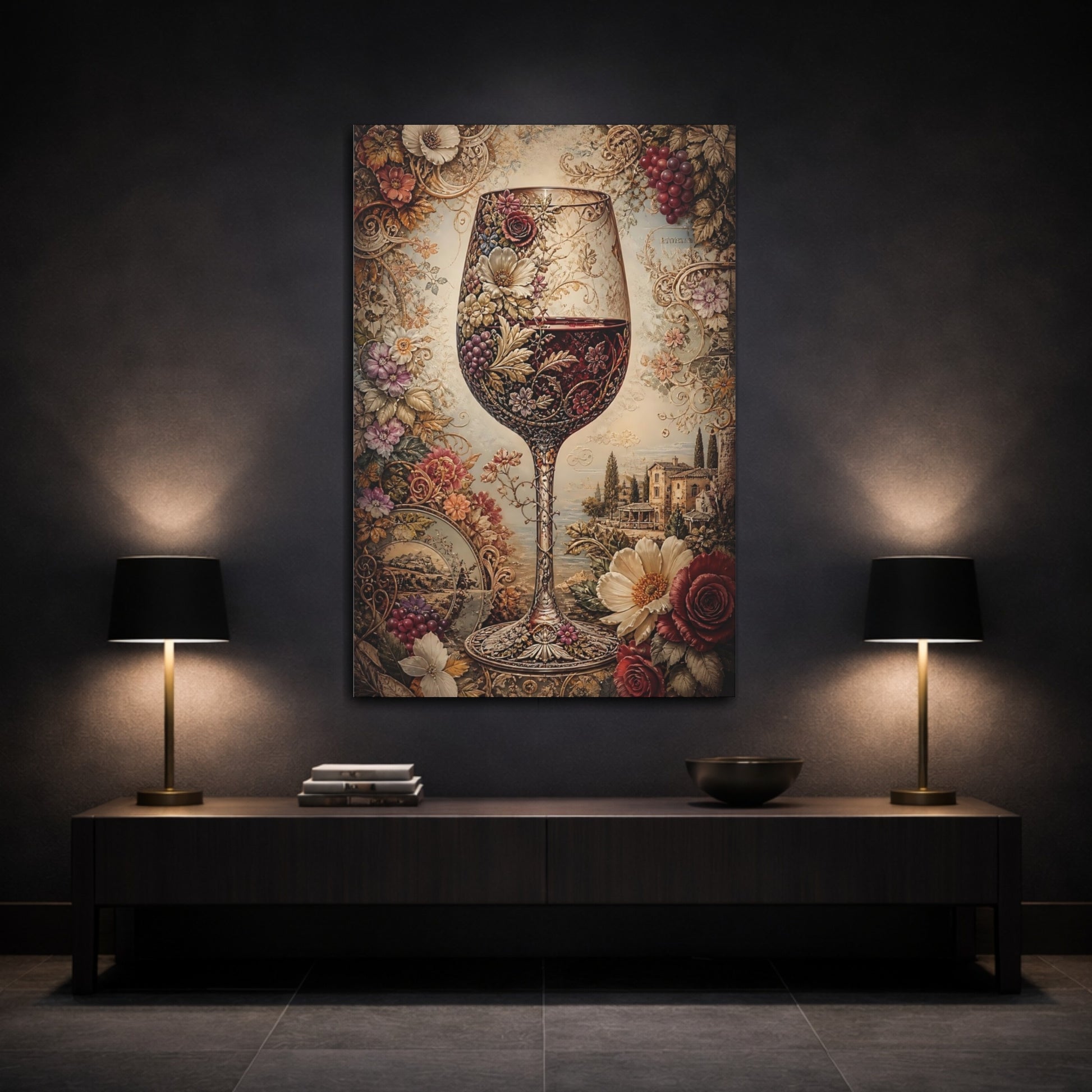 Mockup 3. Vintage Wine Glass Red And Gold shown as stretched canvas wall art