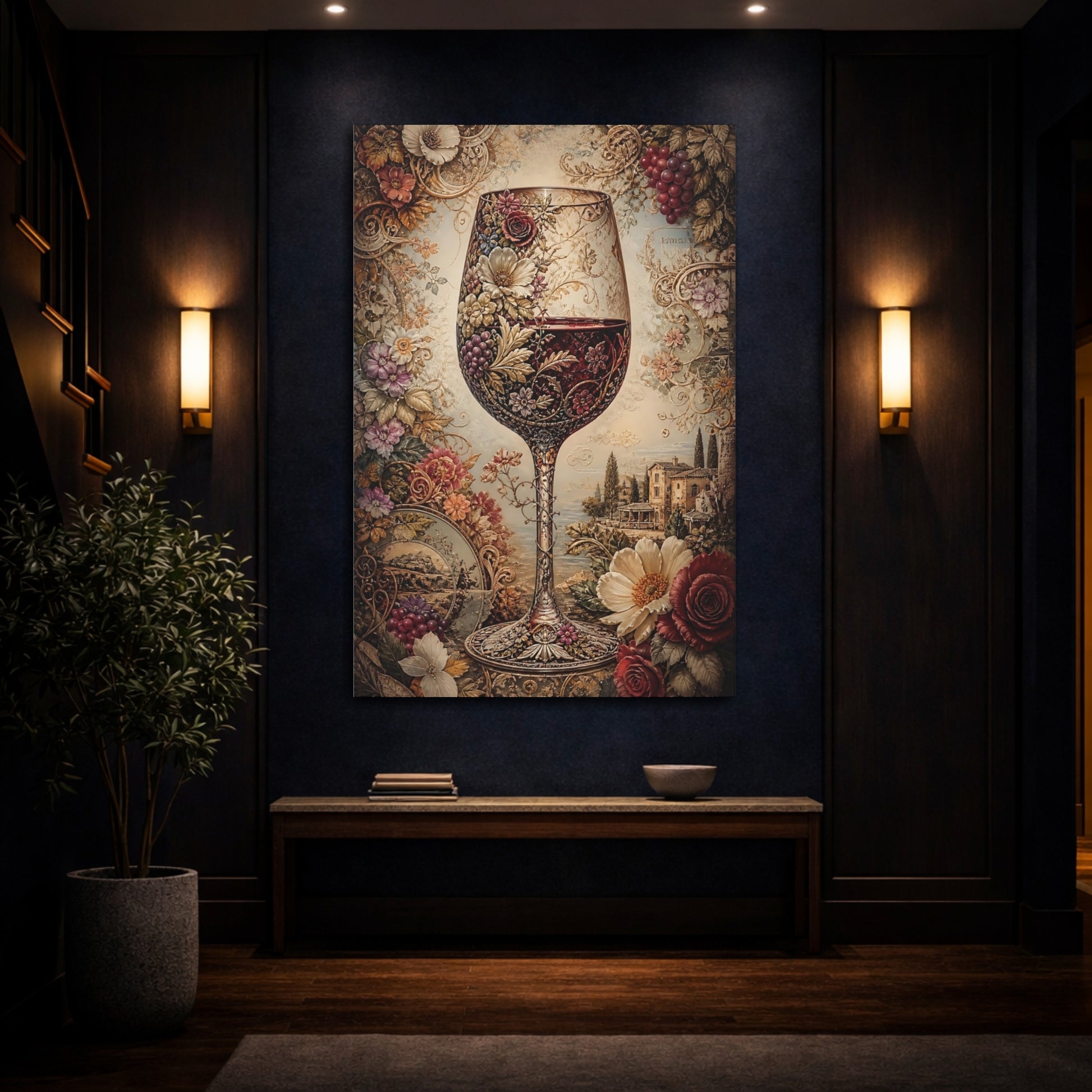 Mockup 4. Vintage Wine Glass Red And Gold shown as stretched canvas wall art