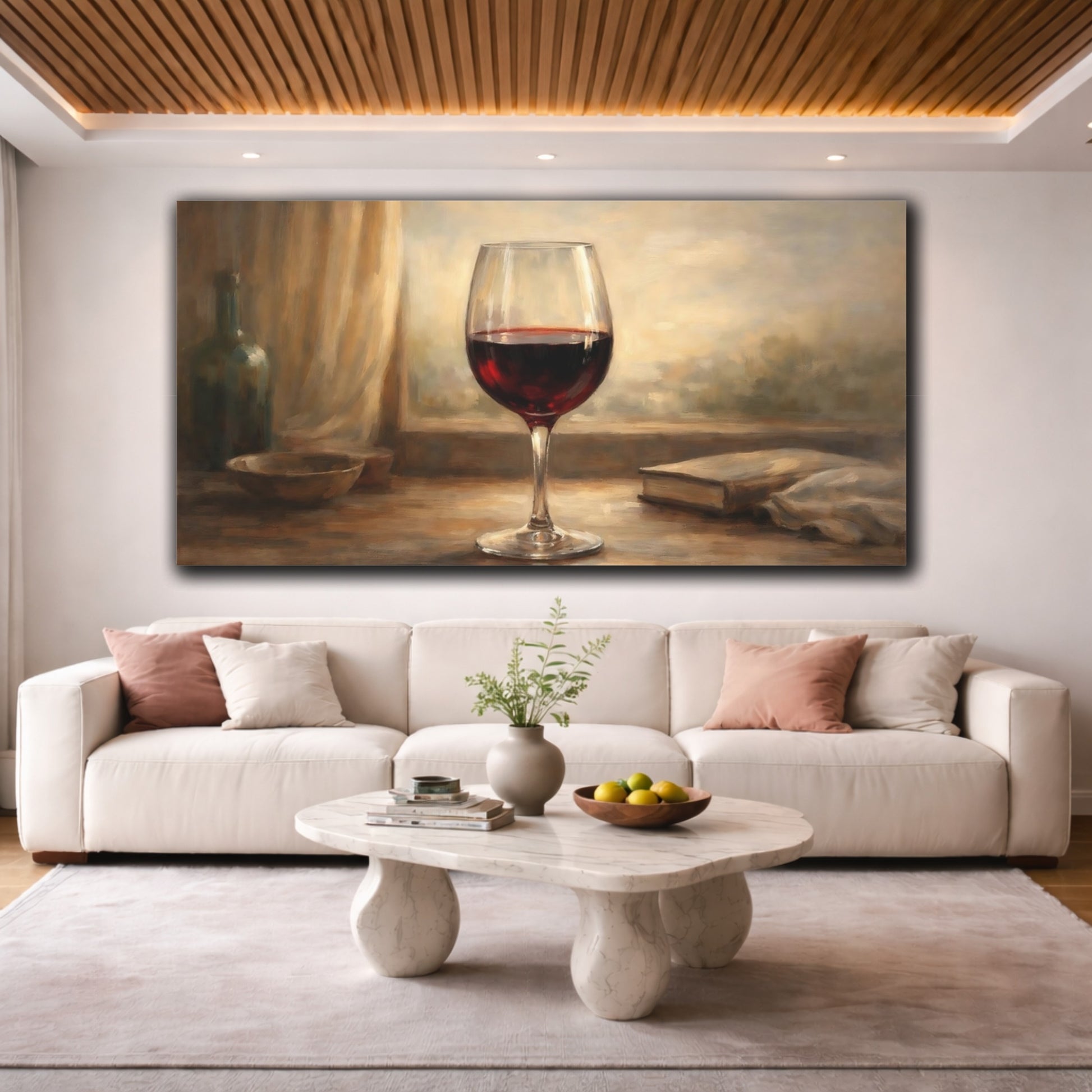 Mockup 3. Vintage Wine Glass Warm Still Life shown as stretched canvas wall art