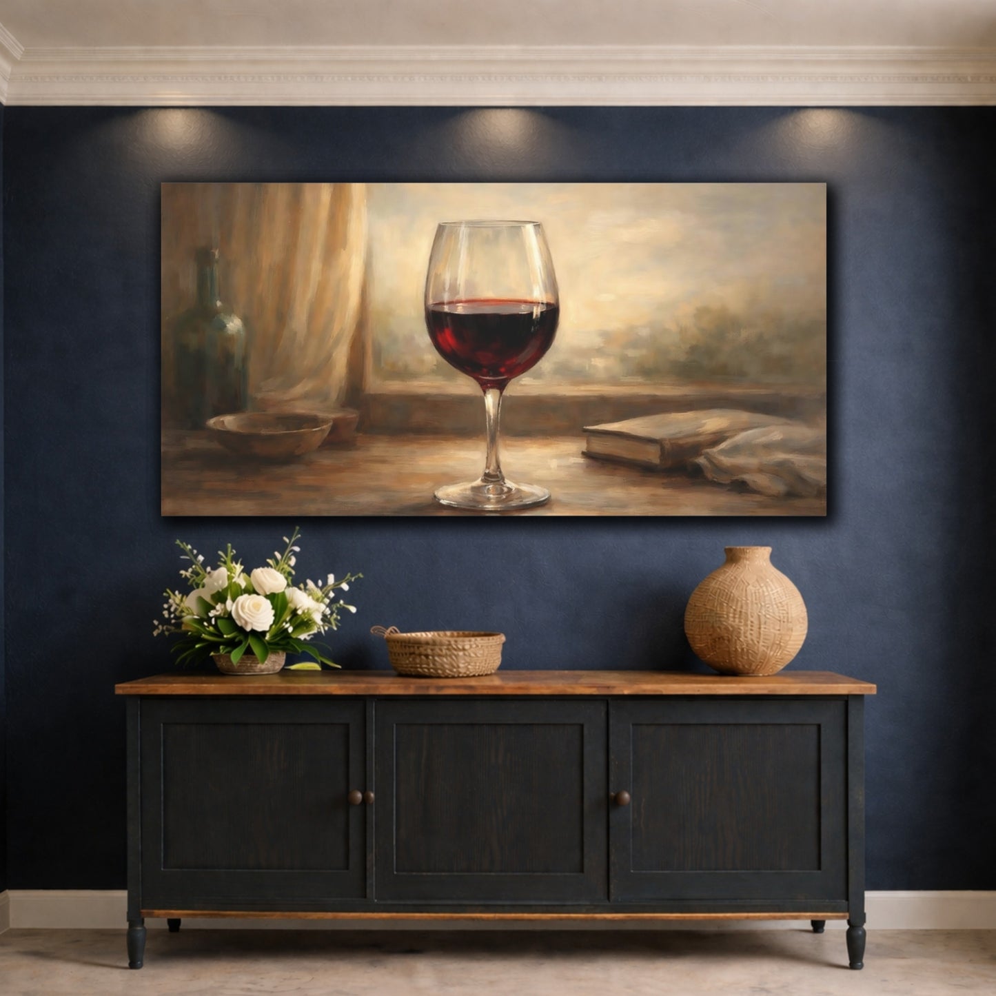 Mockup 4. Vintage Wine Glass Warm Still Life shown as stretched canvas wall art