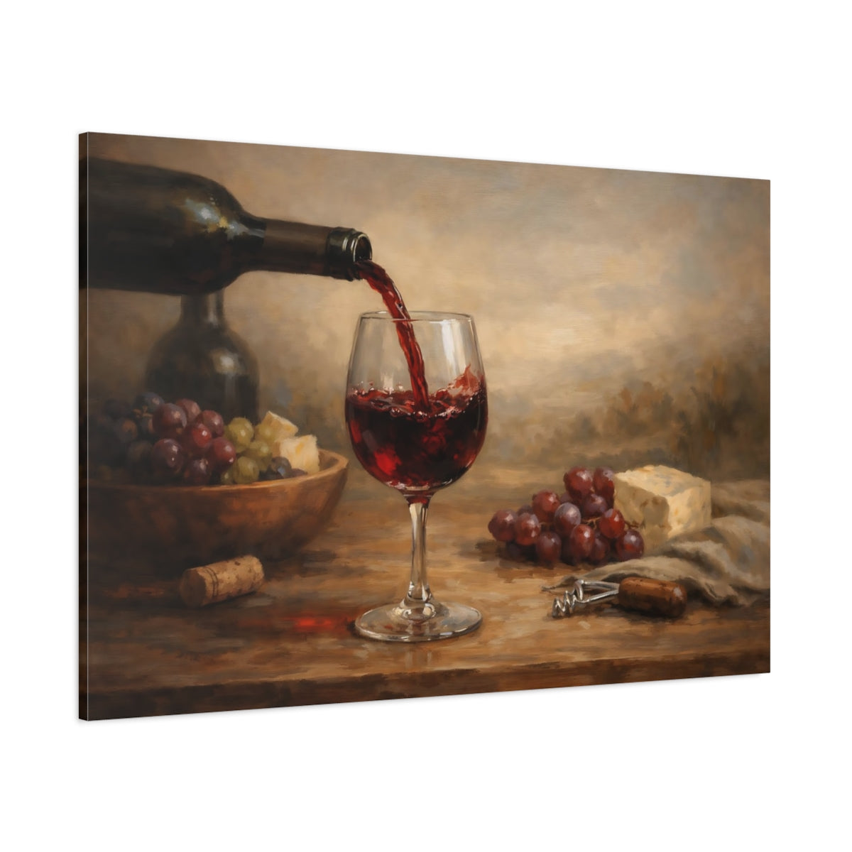 Main Mockup. Vintage Wine Pour Red Wine And Grapes shown as stretched canvas wall art