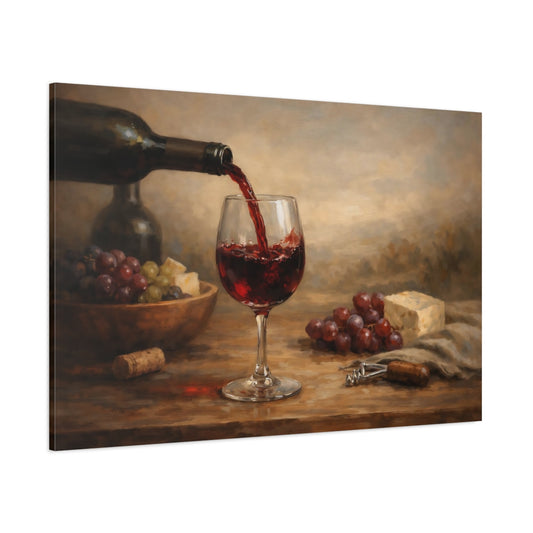 Main Mockup. Vintage Wine Pour Red Wine And Grapes shown as stretched canvas wall art