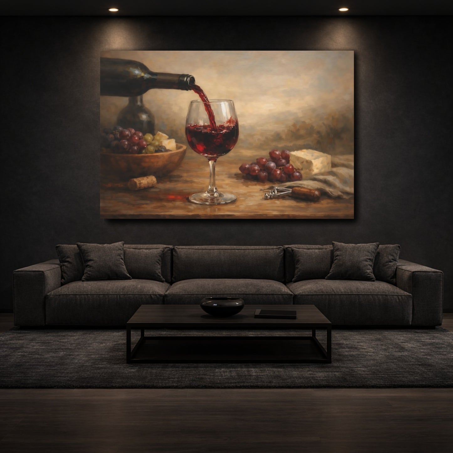 Mockup 2. Vintage Wine Pour Red Wine And Grapes shown as stretched canvas wall art