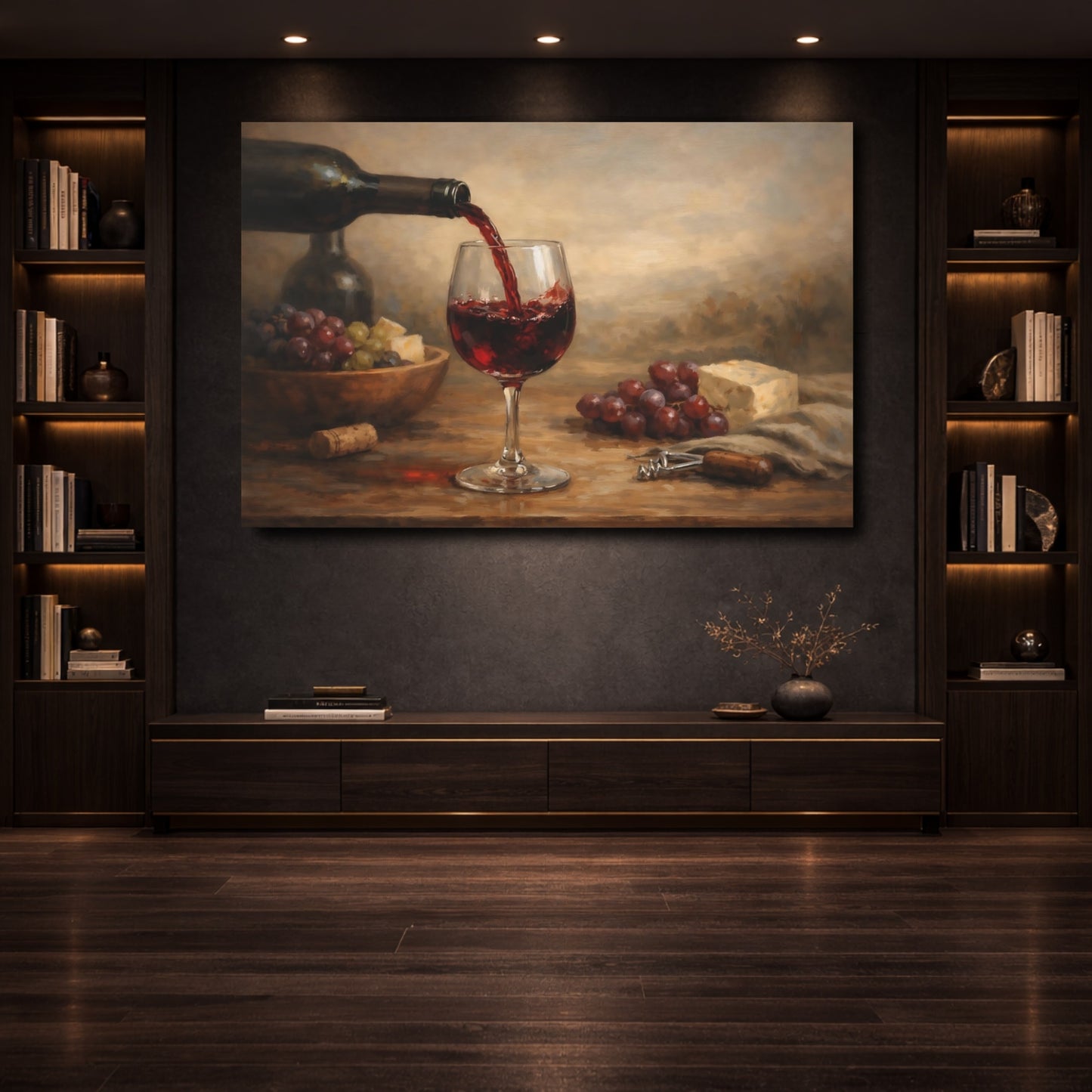 Mockup 3. Vintage Wine Pour Red Wine And Grapes shown as stretched canvas wall art