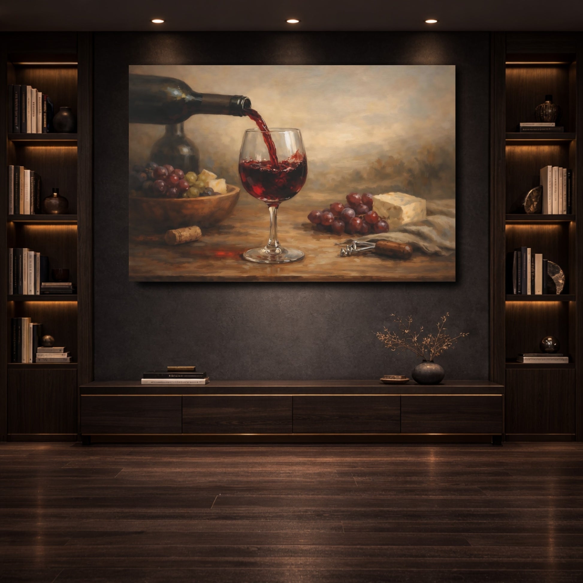 Mockup 3. Vintage Wine Pour Red Wine And Grapes shown as stretched canvas wall art
