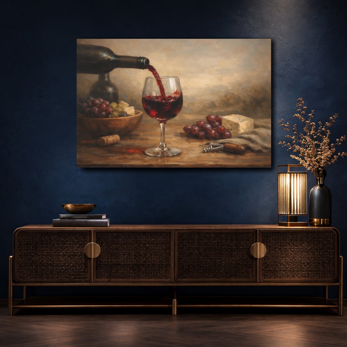Mockup 4. Vintage Wine Pour Red Wine And Grapes shown as stretched canvas wall art