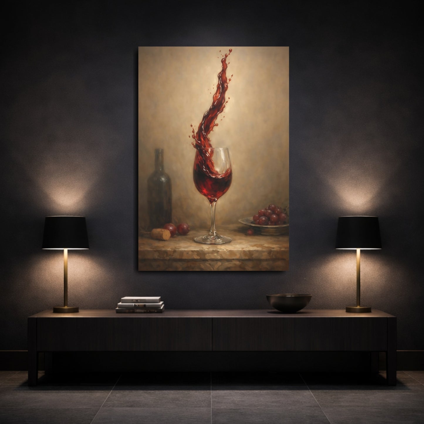 Mockup 2. Vintage Wine Splash Red Wine Art shown as stretched canvas wall art