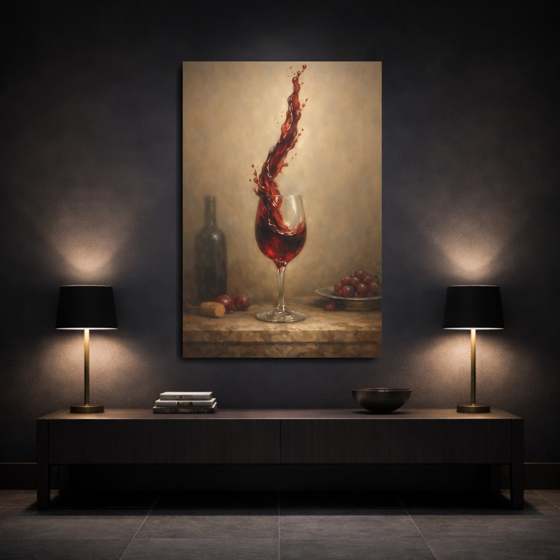 Mockup 2. Vintage Wine Splash Red Wine Art shown as stretched canvas wall art