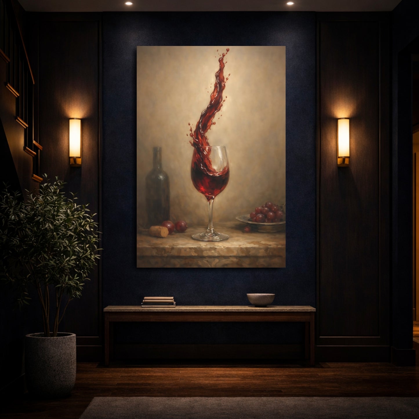 Mockup 3. Vintage Wine Splash Red Wine Art shown as stretched canvas wall art