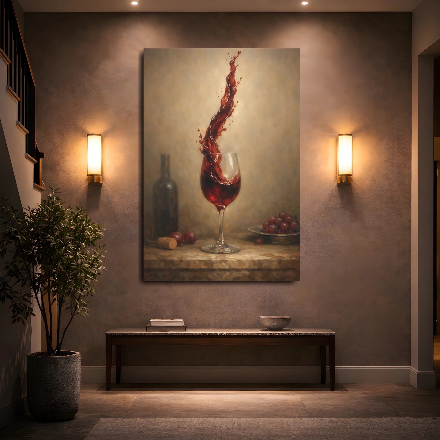 Mockup 4. Vintage Wine Splash Red Wine Art shown as stretched canvas wall art