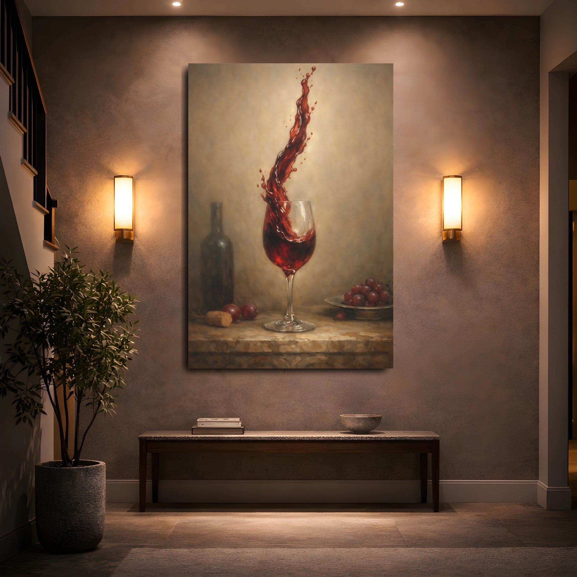 Mockup 4. Vintage Wine Splash Red Wine Art shown as stretched canvas wall art
