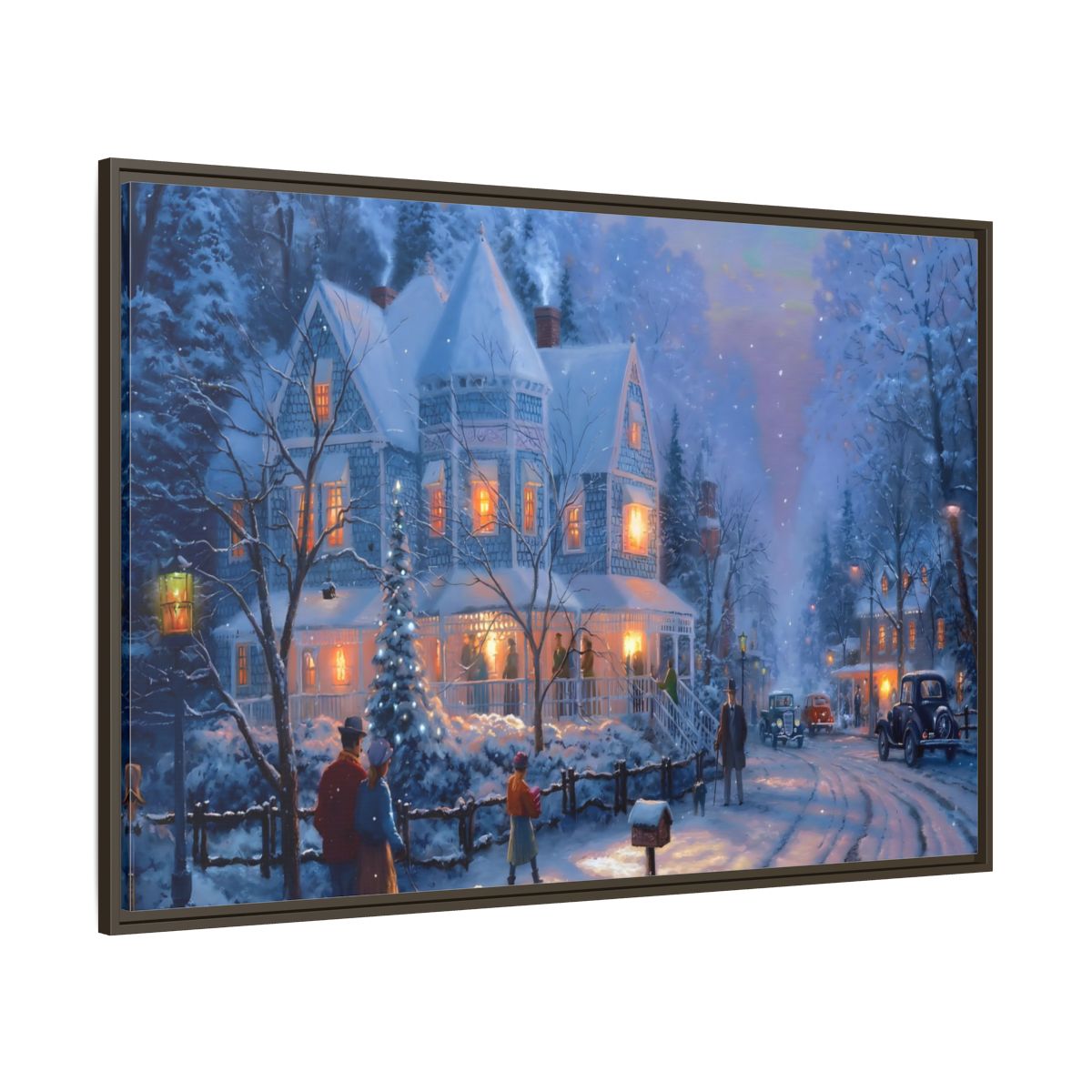 Main Mockup. Vintage Winter Street Winter Snow Scene shown as stretched canvas wall art