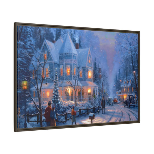 Main Mockup. Vintage Winter Street Winter Snow Scene shown as stretched canvas wall art