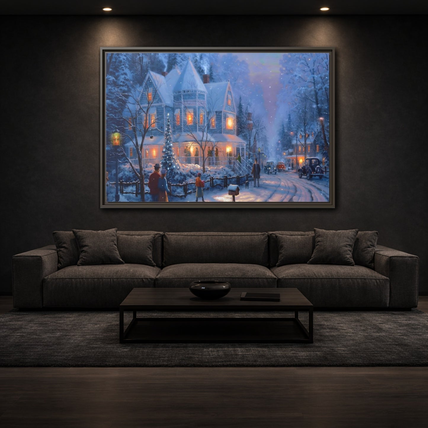Mockup 2. Vintage Winter Street Winter Snow Scene shown as stretched canvas wall art