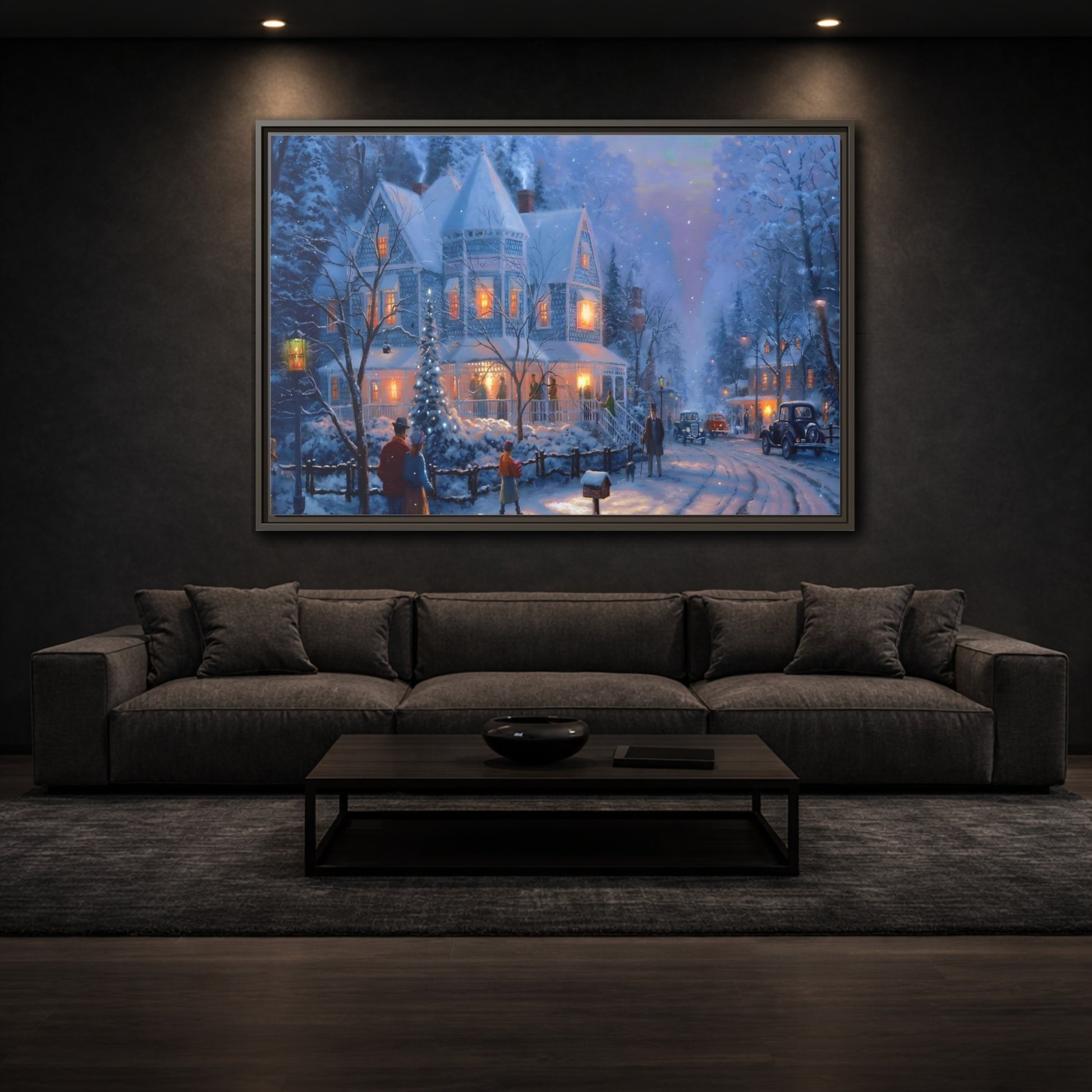 Mockup 2. Vintage Winter Street Winter Snow Scene shown as stretched canvas wall art