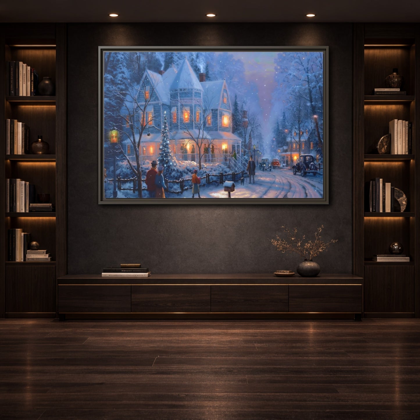 Mockup 3. Vintage Winter Street Winter Snow Scene shown as stretched canvas wall art