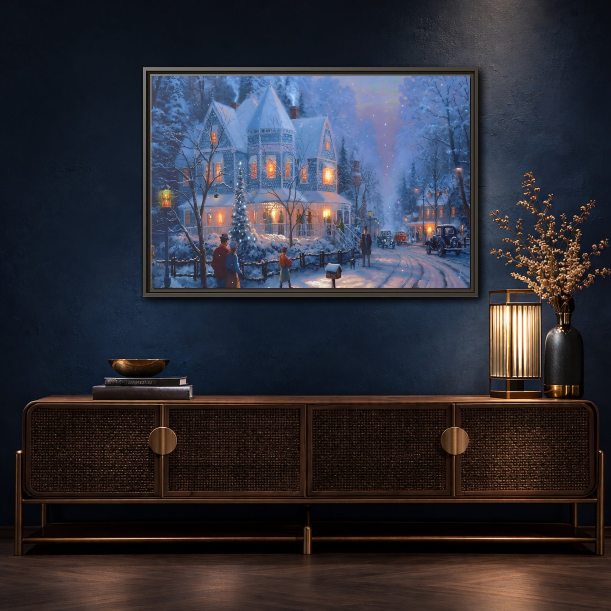 Mockup 4. Vintage Winter Street Winter Snow Scene shown as stretched canvas wall art