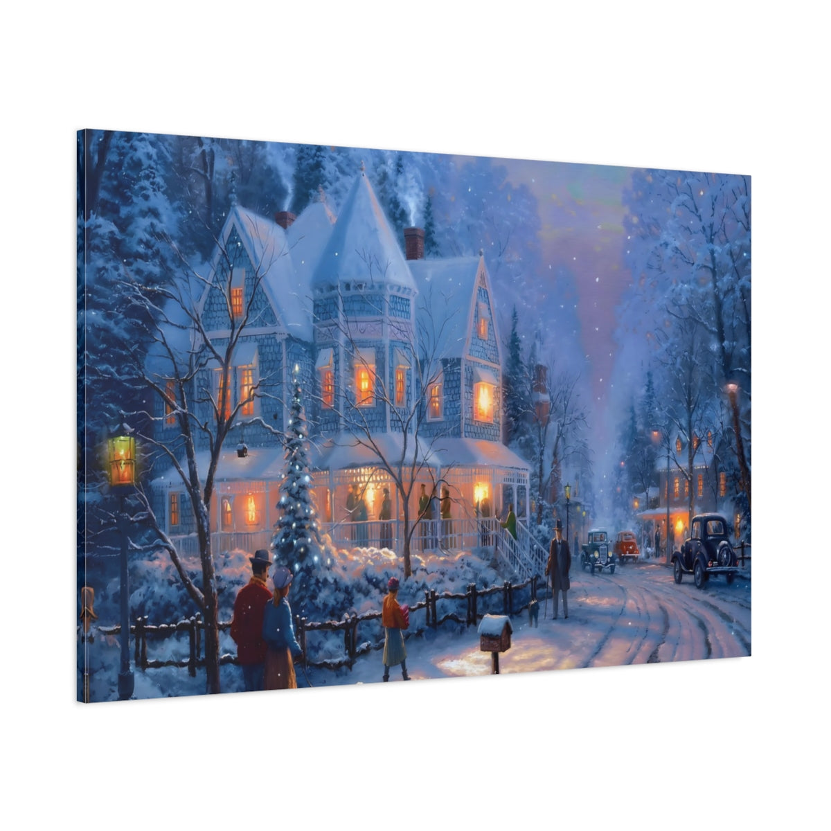 Vintage Winter Village Blue And Orange shown as stretched canvas wall art