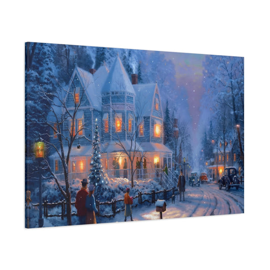 Vintage Winter Village Blue And Orange shown as stretched canvas wall art