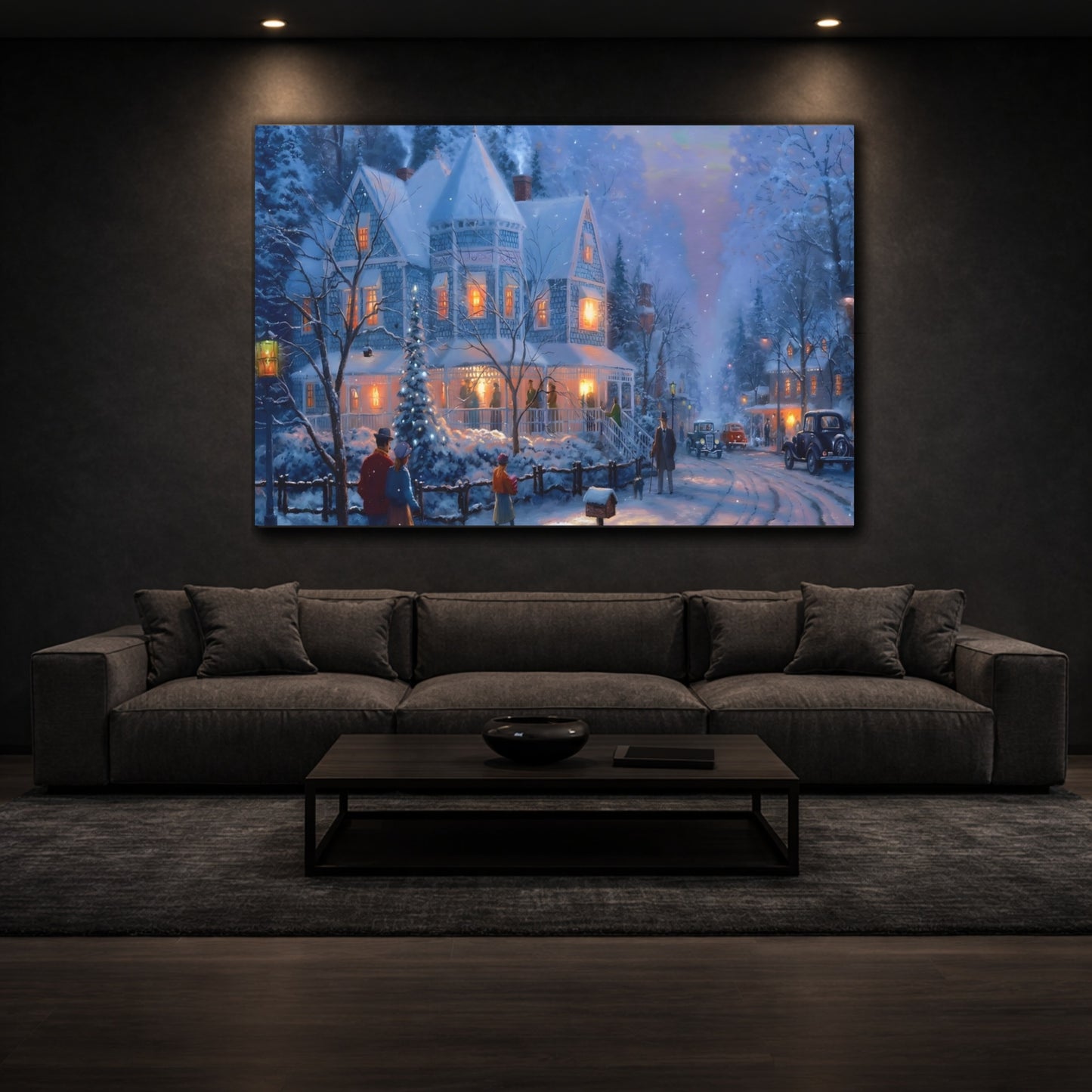 Vintage Winter Village Blue And Orange shown as front canvas room wall art