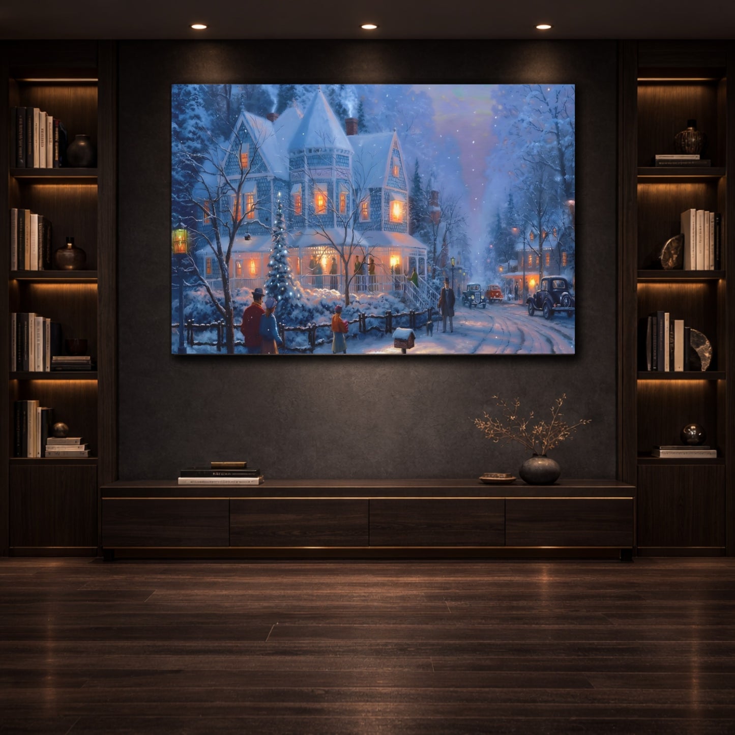 Vintage Winter Village Blue And Orange shown as front canvas room wall art
